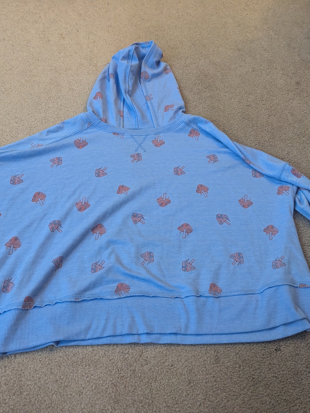 SO Light Blue Cropped Hoodie with Mushroom Pattern